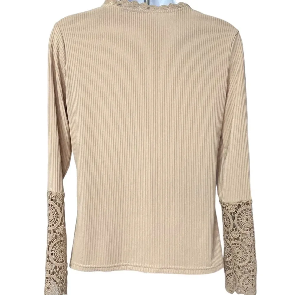 Women's Ribbed Beige Long‎ Sleeve Tee with Lace Trim on Neck and Cuffs Sz Small